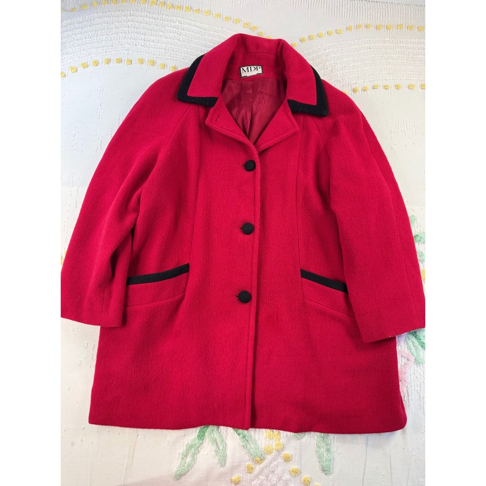 MDP Mario De Pinto Vintage Red Wool Blend Coat Black Trim Made in USA Mens XL
